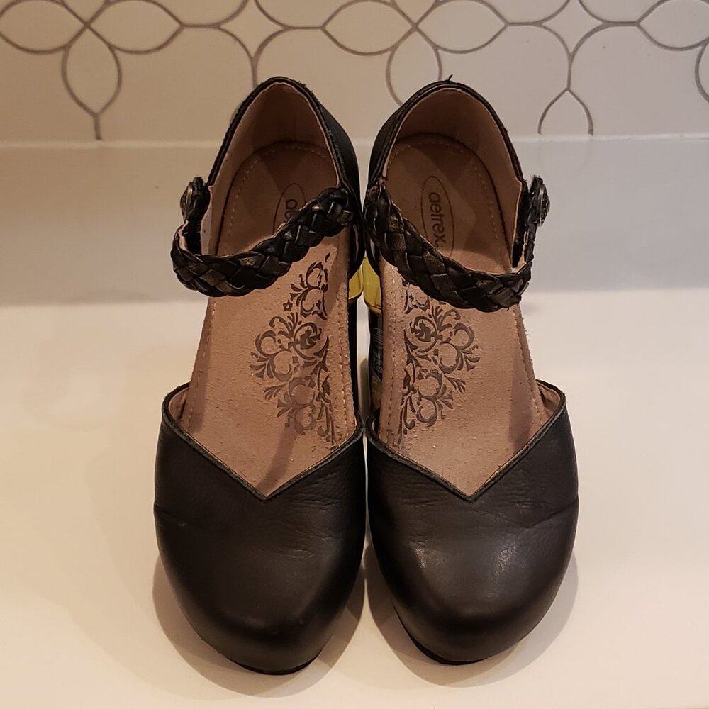 Aetrex Black Leather Braided Strap Mary Jane Wedge Comfort Shoes - Picture 2 of 15